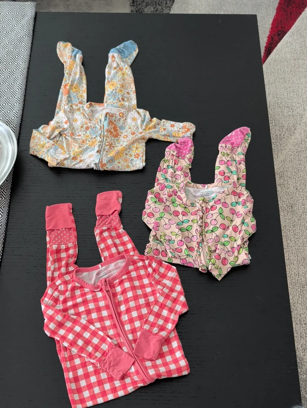 Lot 3 Posh Peanut Girl 18 -24 Month Footies Floral Checkered Cherry Print